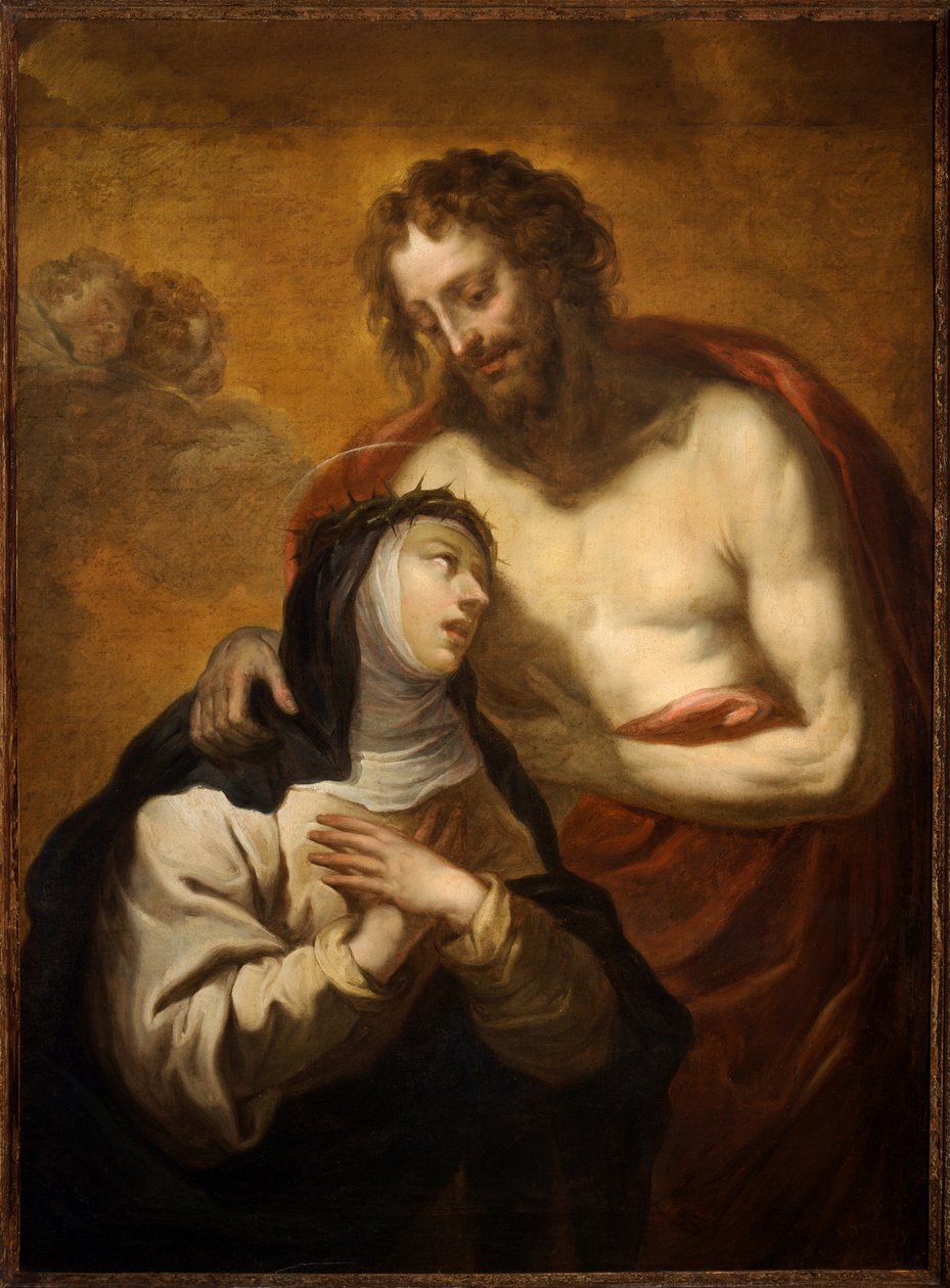 Kristi mystiske omfavnelse til Saint Catherine of Siena, Mystical Vision (olje på lerret) av Luciano Borzone