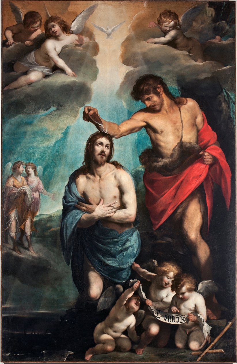 Kristi dåp Den Hellige Ånds due (Hellige Ånd) over Jesus Kristus (Jesu dåp) Maleri av Luciano Borzone (1590-1645) Genes fra 1600-tallet, Musei di Strada Nuova (ex Palazzo Bianco) Italia av Luciano Borzone