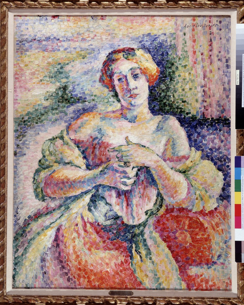Kvinne i rosa og blått Ung elegant med denudees skulder. Maleri av Lucie Cousturier (1870-1925) 1908 Dim. 93x73 cm Obligatorisk omtale: Collection fondation regards de Provence, Marseille av Lucie Cousturier