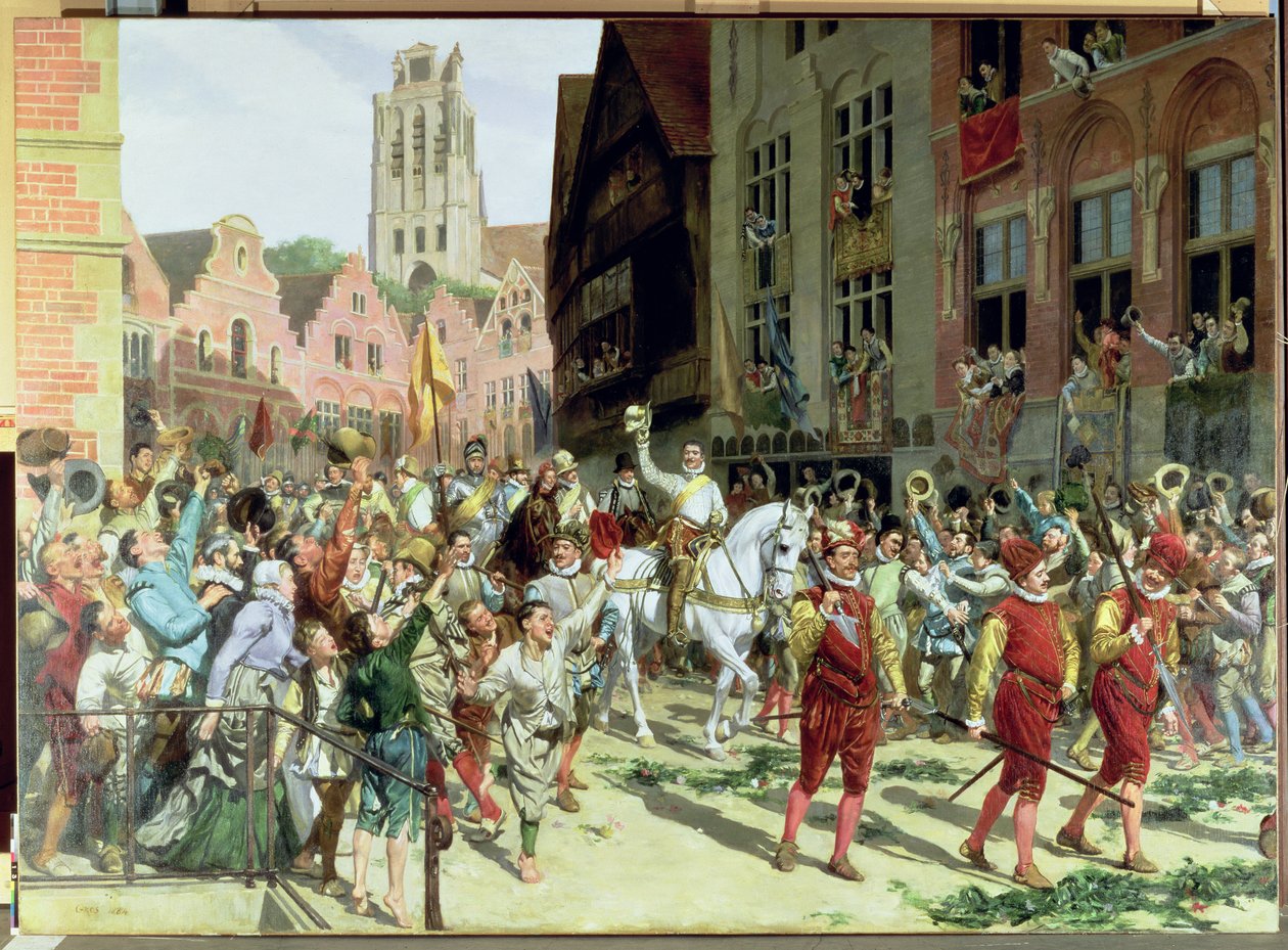 Den triumferende ankomsten til Rotterdam av prins Maurice av Orange-Nassau etter slaget ved Nieuwpoort i 1600, 1884 av Lucien Alphonse Gros