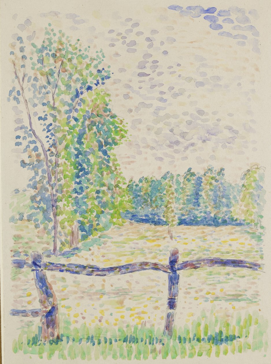 La Barrière, Eragny Meadows, ca. 1886 (akvarell over grafitt på hvitt papir) av Lucien Pissarro