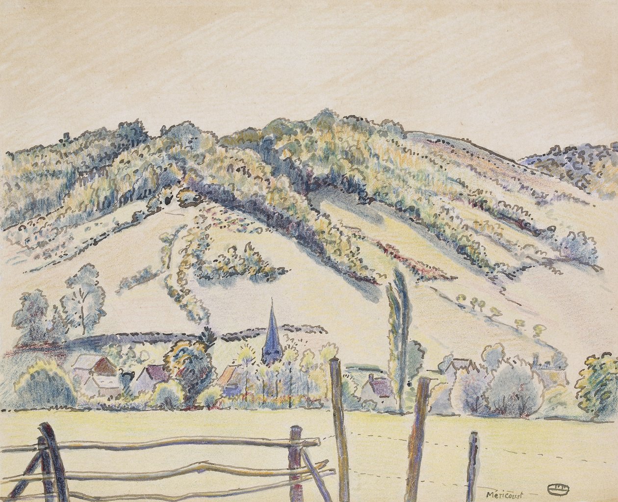 Méricourt, 1919 (penn og blekk og fargestifter på hvitt papir) av Lucien Pissarro