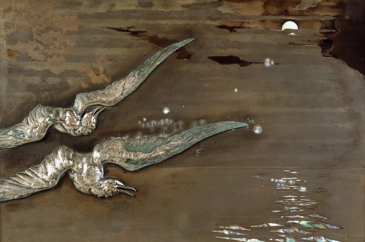 Et metalllakkpanel med påførte sølvmåker, ca. 1900 (metalllakkpanel, sølv) av Lucien Gaillard
