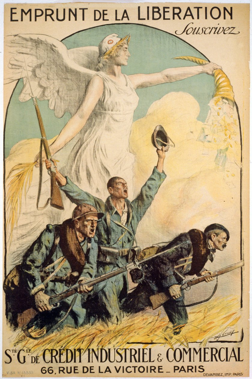 Frigjøringens lån, Abonner, Sté. Gle. of Industrial & Commercial Credit, pub. Paris, ca. 1917 (farge litho) av Lucien Hector Jonas