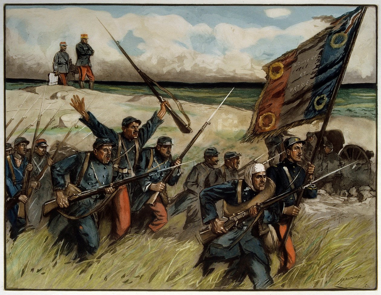 Første verdenskrig (1914-1918): “” Charge à la baionette en septembre 1914”” Maleri av Lucien Hector (Lucien-Hector) Jonas (1880 -1947) 1914 Paris. Museum for de to verdenskrigene av Lucien Hector Jonas