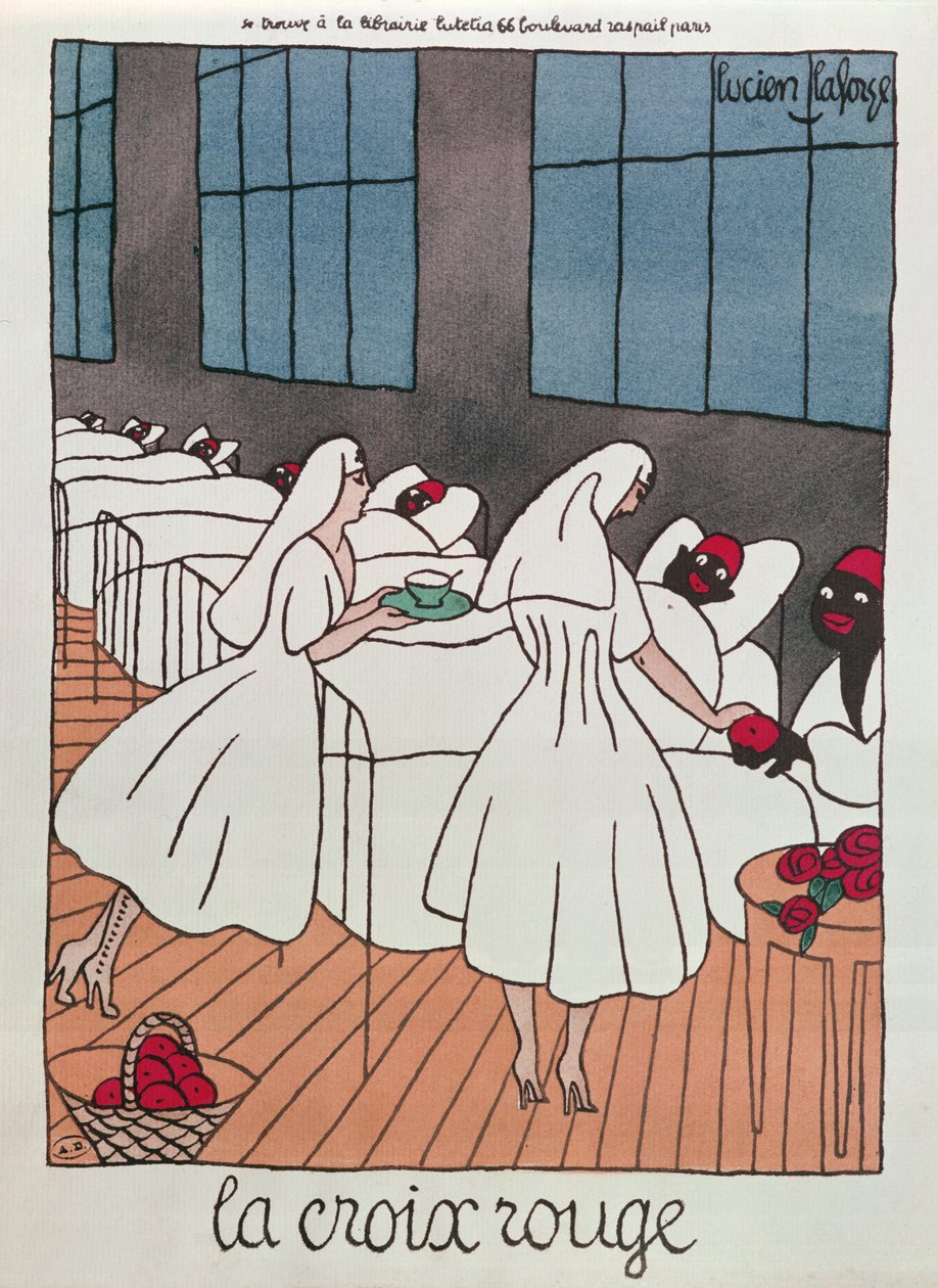 Røde Kors-sykepleiere som tar seg av sårede soldater under 1. verdenskrig, ca. 1915 (farge litho) av Lucien Laforge