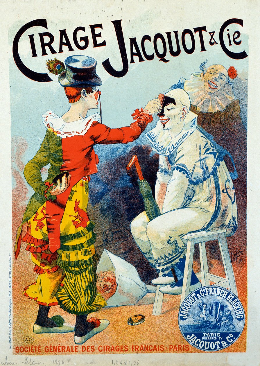 Reklame for Jacquot polish. To klovner som gjør opp med polish. Tegning av Lucien Lefevre (1850-?). 1894 Paris. Arts Decoratifs - Annonse for voks Jacquot: To klovner som sminker seg med skokrem, av Lucien Lefevre av Lucien Lefevre