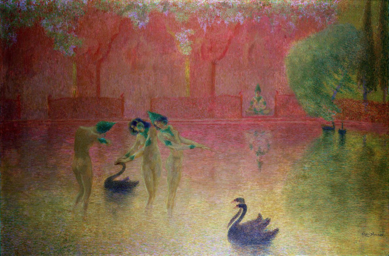 Nymfer bader i et orientalsk landskap (olje på plate) av Lucien Levy-Dhurmer