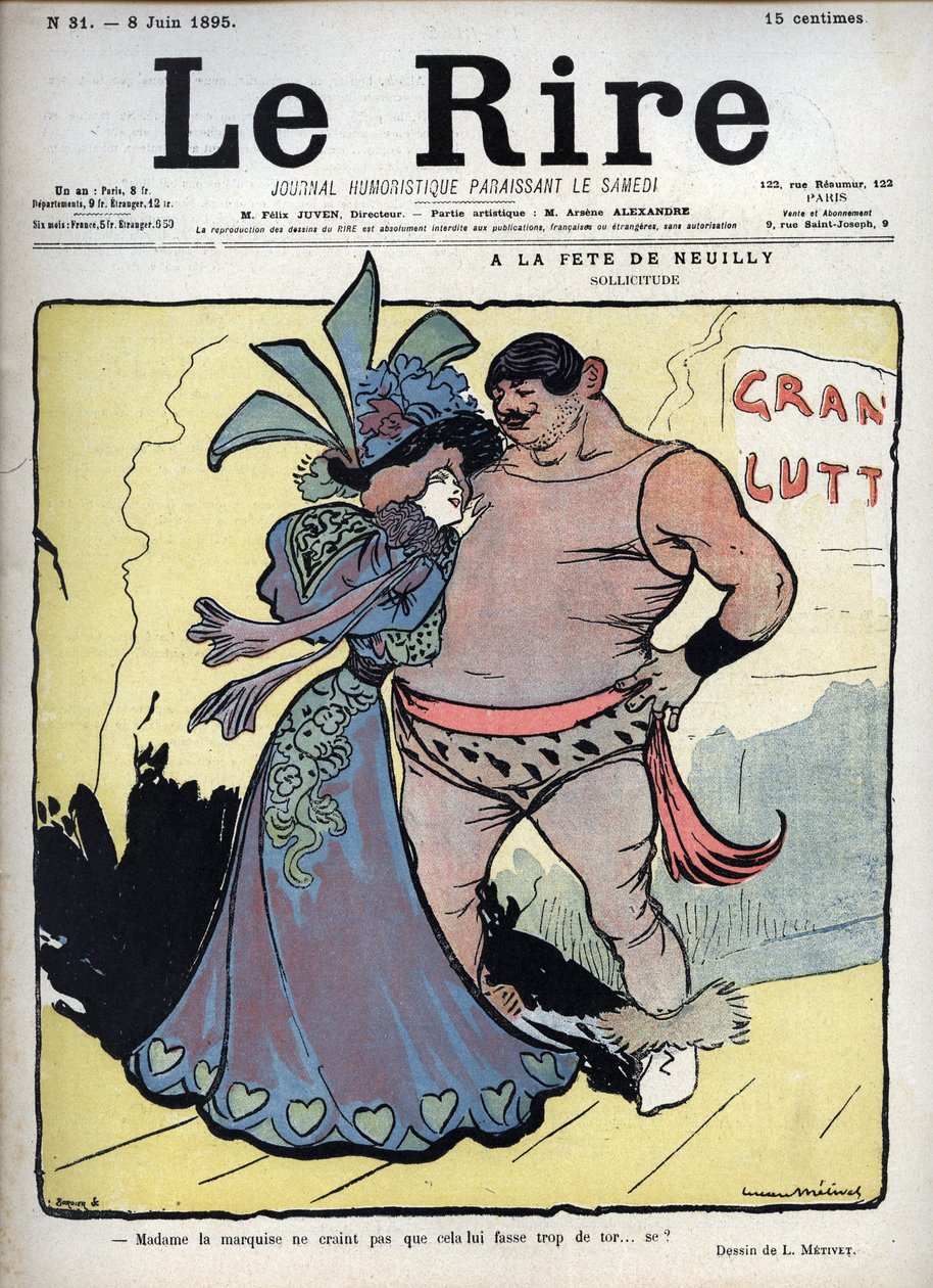 At the feast of Neuilly: care - a woman clothed elegantly talks with a drawing wrestler by Lucien Marie Francois Metivet (1863-1930) - the laughter of June 8 av Lucien Metivet