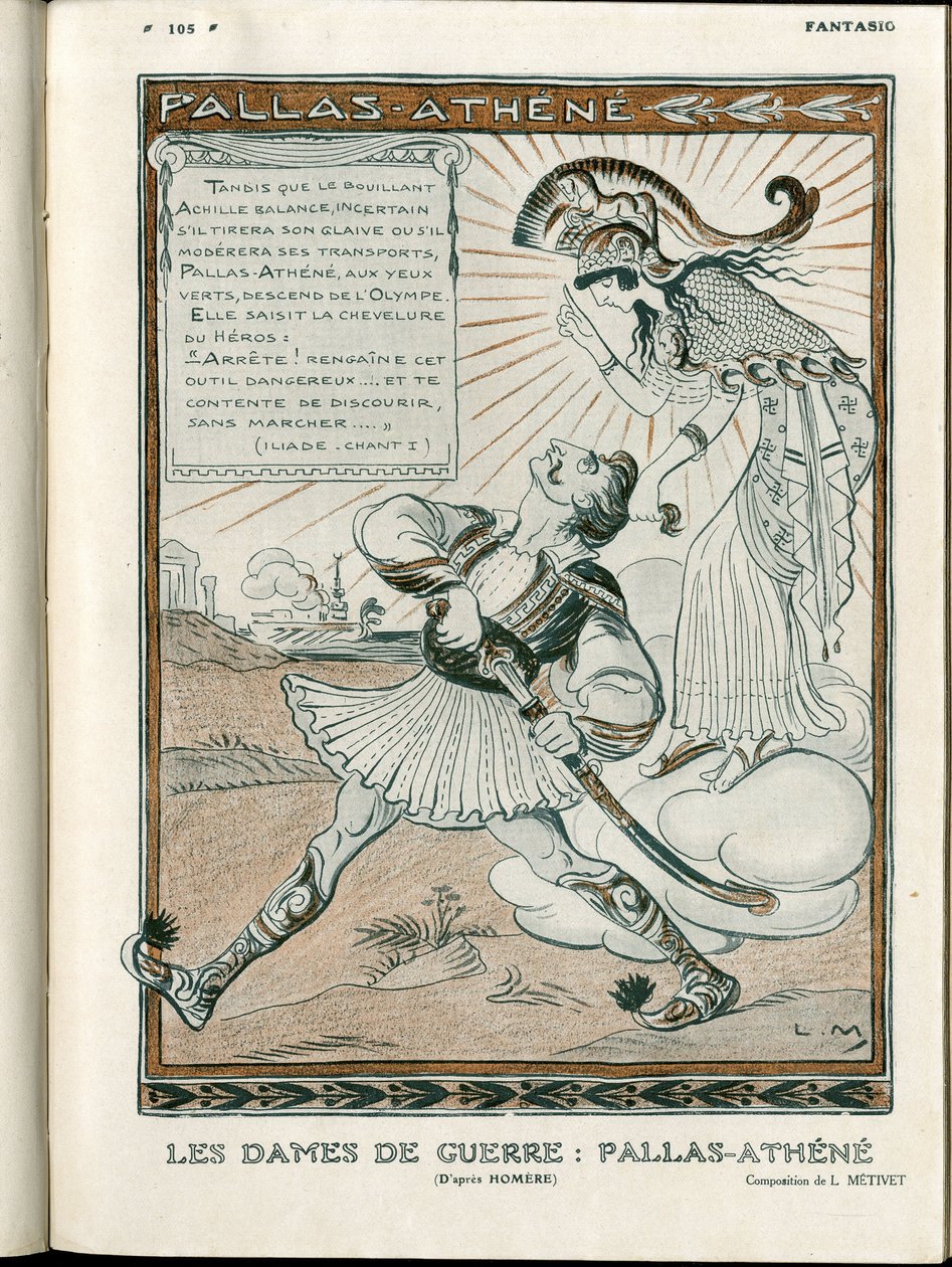 Illustrasjon i "Fantasio", 01/04/15 - krigens kvinne Pallas-Athenee krig 14-18 (gravering) av Lucien Metivet
