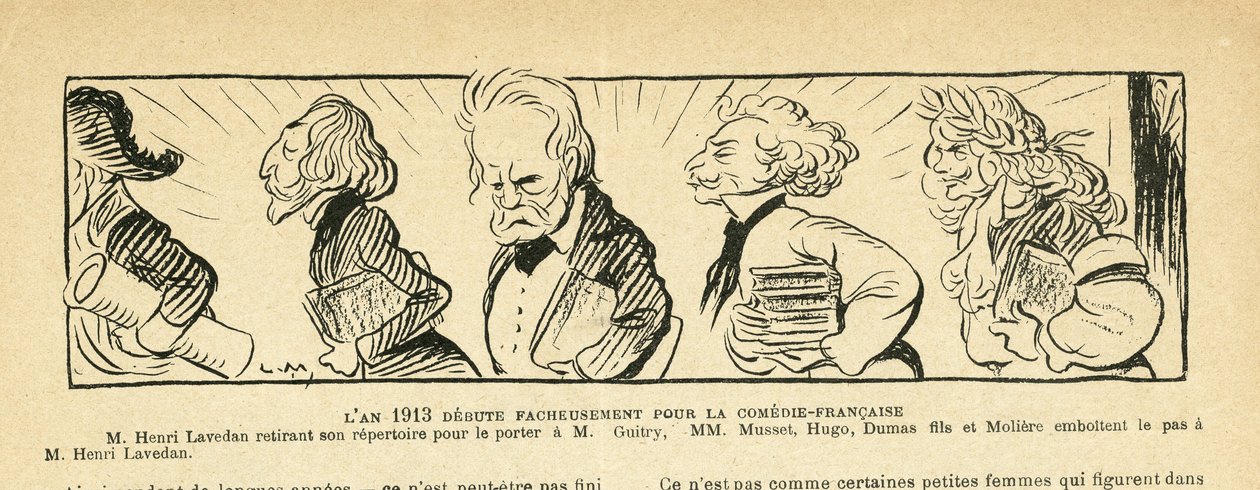 Illustrasjon i Le Rire, 04/01/13 - året 1913... - Teater, Comedie francaise - Hugo Victor, Dumas Alexandre (sønn), Lavedan Henri (1859-1940), Guitry Sacha, Musset Alfred, Moliere (gravering) av Lucien Metivet