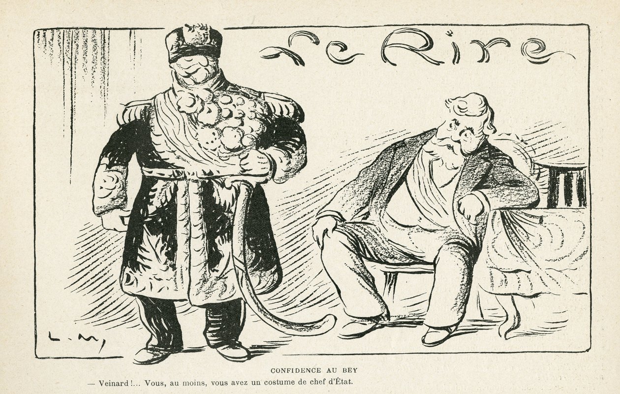 Illustrasjon i Le Rire, 27.07.12 - Tillit til beyen - Kolonisering - Fallieres Armand (1813-1941), Naceur Bey (Mohamed el-Naceur Bey) (1855-1922) (gravering) av Lucien Metivet
