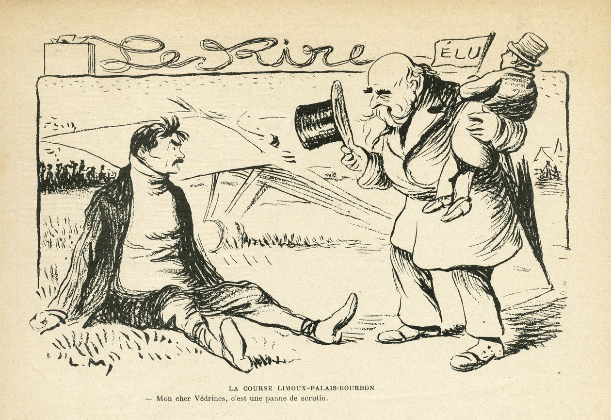 Illustrasjon i Le Rire, 30.03.12 - Limoux-Palais-Bourbon-løpet - Valg, luftfart - Vedrines Jules (1881-1919) (gravering) av Lucien Metivet