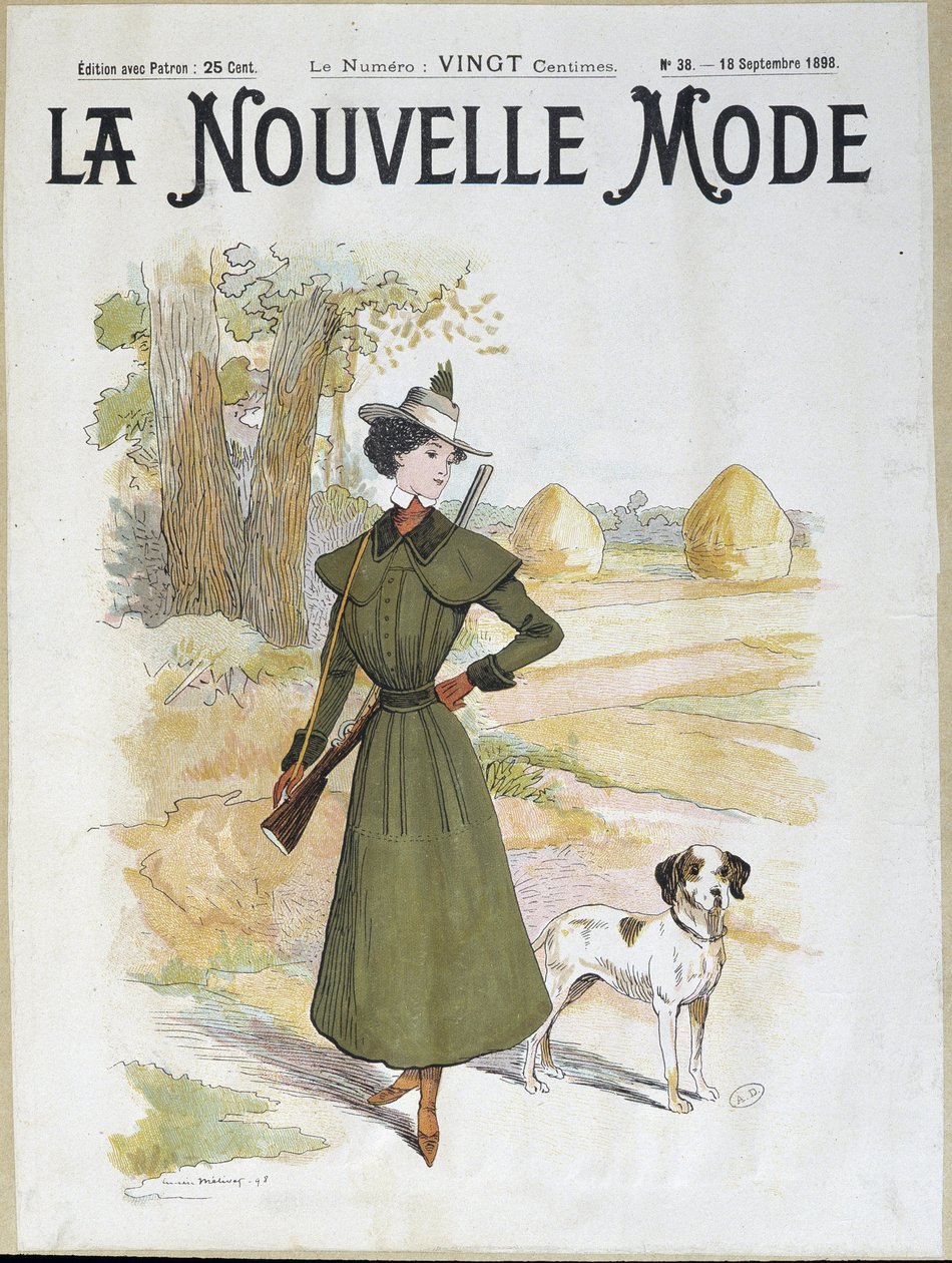 Kvinne i jaktantrekk iført rifle - i "" La Nouvelle Mode"" fra september 1898 av Lucien Metivet