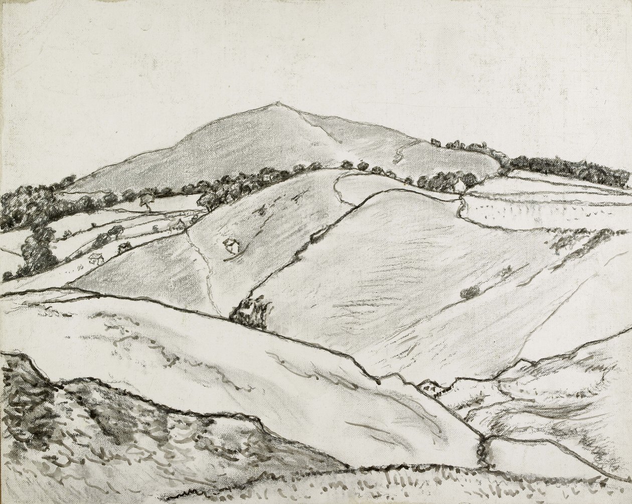 Cefn Bryn, 1933 (svart kritt og oljevask på lerret lagt om bord) av Lucien Pissarro