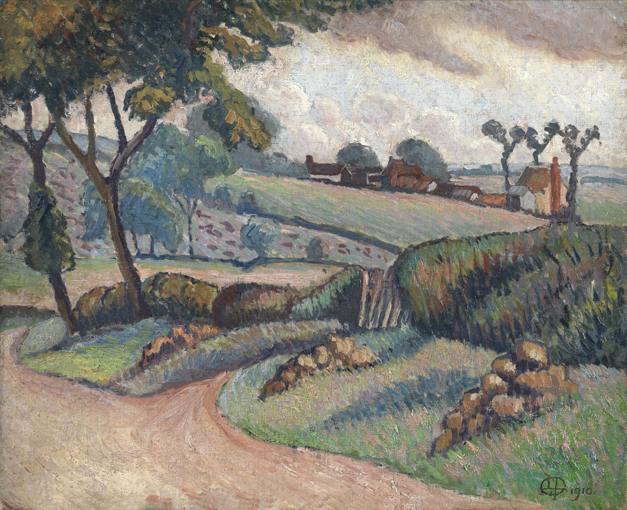 Duton Hill, Essex, 1910 (olje på lerret lagt om bord) av Lucien Pissarro