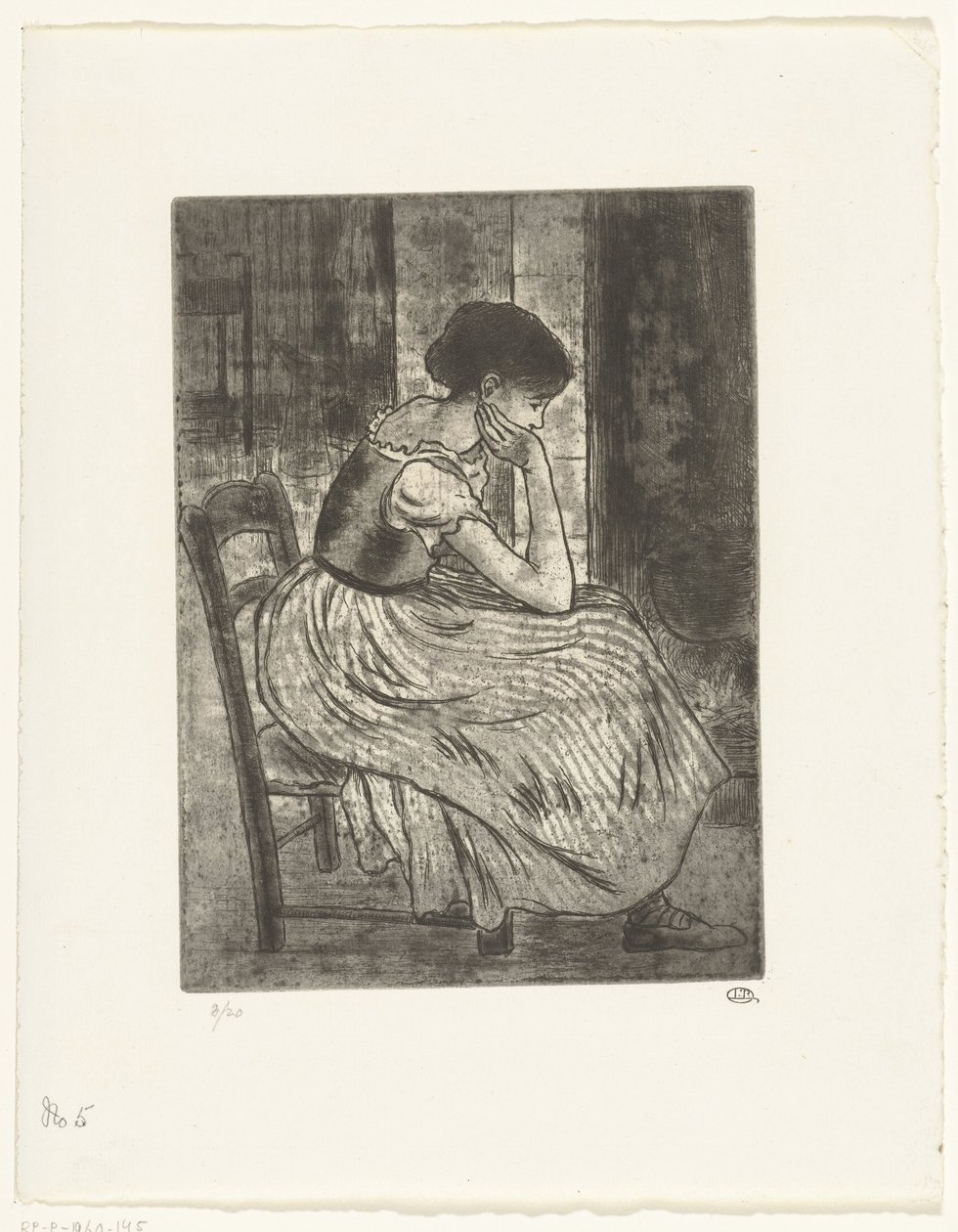 Ung kvinne sitter ved bålet av Lucien Pissarro