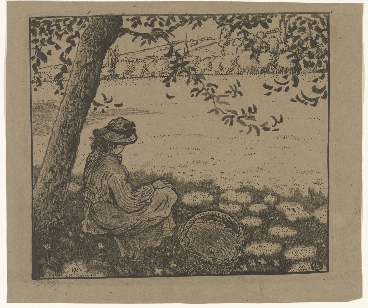 Jente under et tre i en eng av Lucien Pissarro