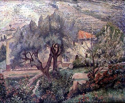 Orovida Landscape, the Cherry Tree (olje på lerret) av Lucien Pissarro
