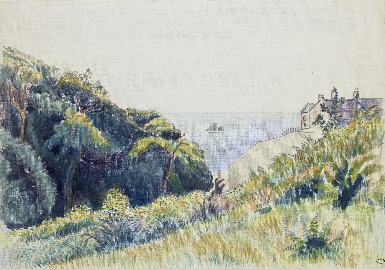 The Coastguards House, Ecclesbourne, 1918 (penn og grått blekk og fargestifter på teksturert papir) av Lucien Pissarro