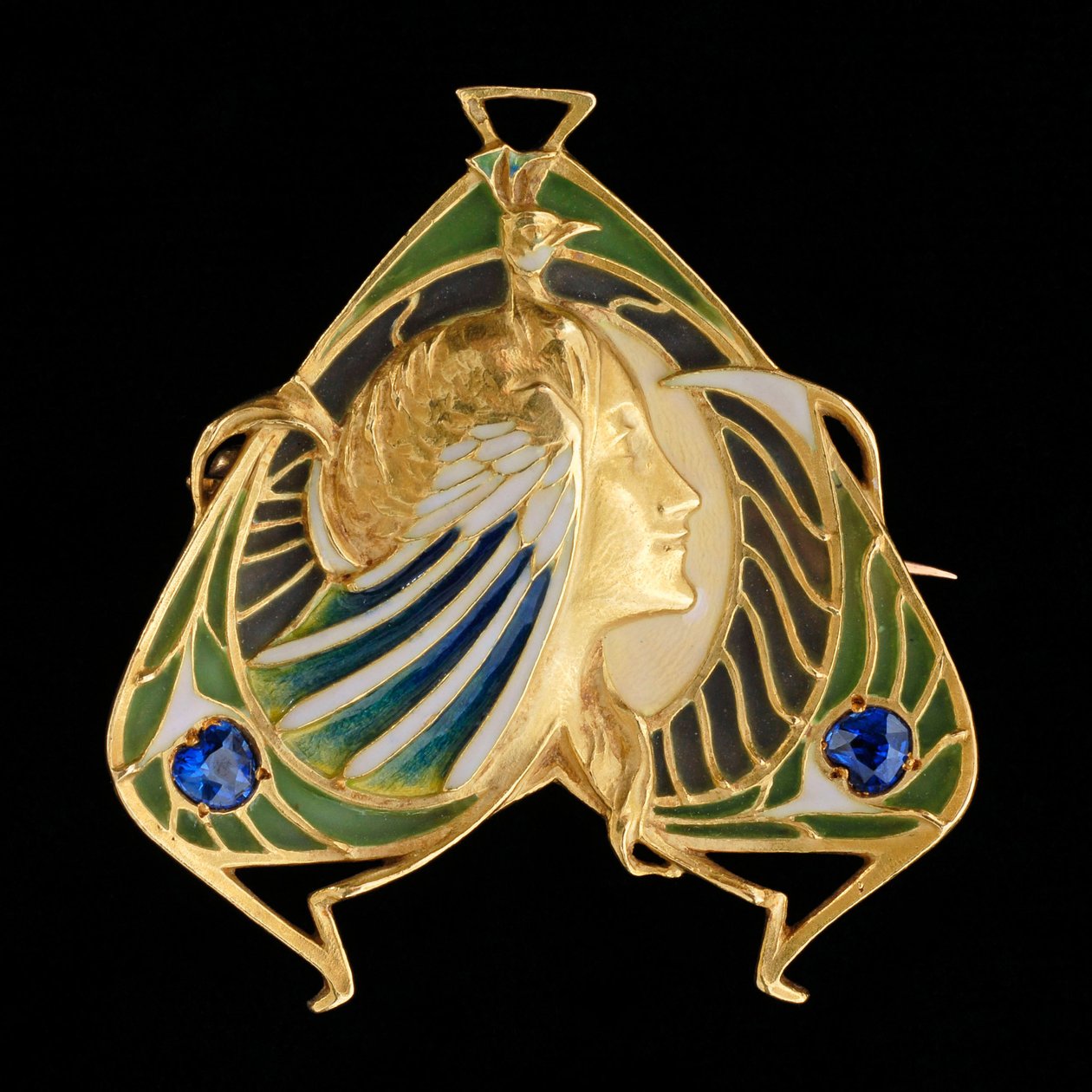 Brosjeanheng, ca. 1900 (gull og plique à jour emalje med safirer) av Lucien or Léopold Gautrait