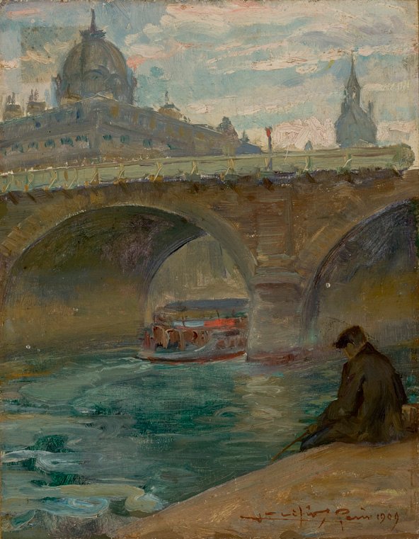 Seine Rivern French: Notre-Dame-broen i Paris med kuppelen til handelsretten i bakgrunnen Portugues: O Senan av Lucilio de Albuquerque