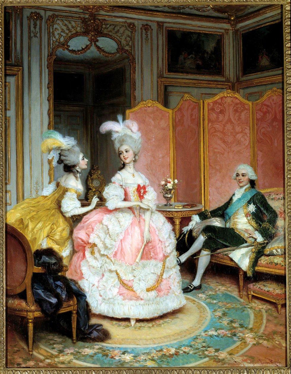 Prostitusjon: "" Den vakre kurtisanen"" En ung kvinne presenterte for en herremann i en privat salong på 1700-tallet gjennom en matchmaker. Maleri av Lucius Rossi (1846-1913) av Lucius Rossi