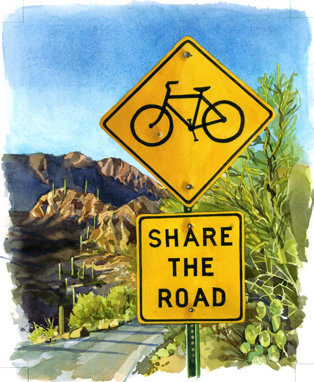 Share the Road, Gates Pass, 2004 (wc på papir) av Lucy Masterman