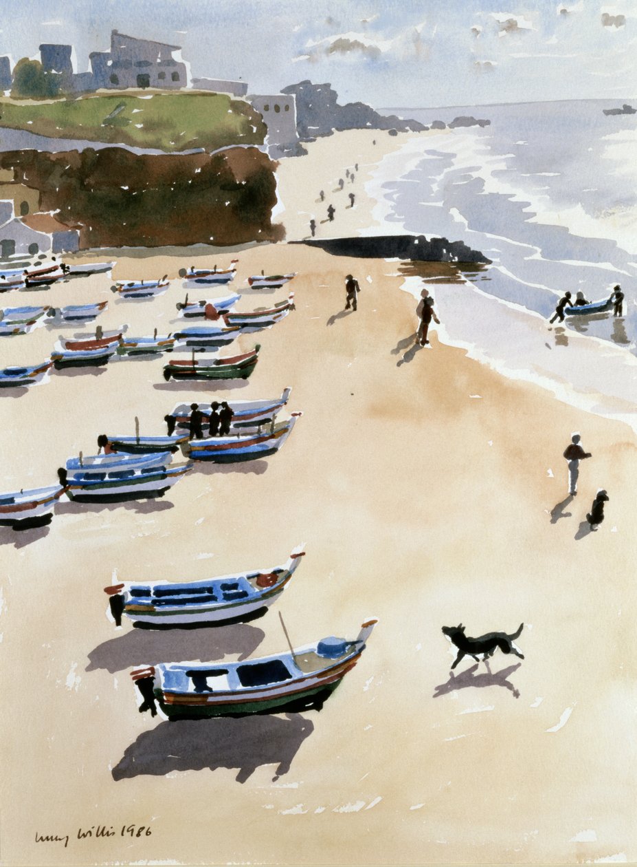 Boats on the Beach, 1986 (akvarell på papir) av Lucy Willis
