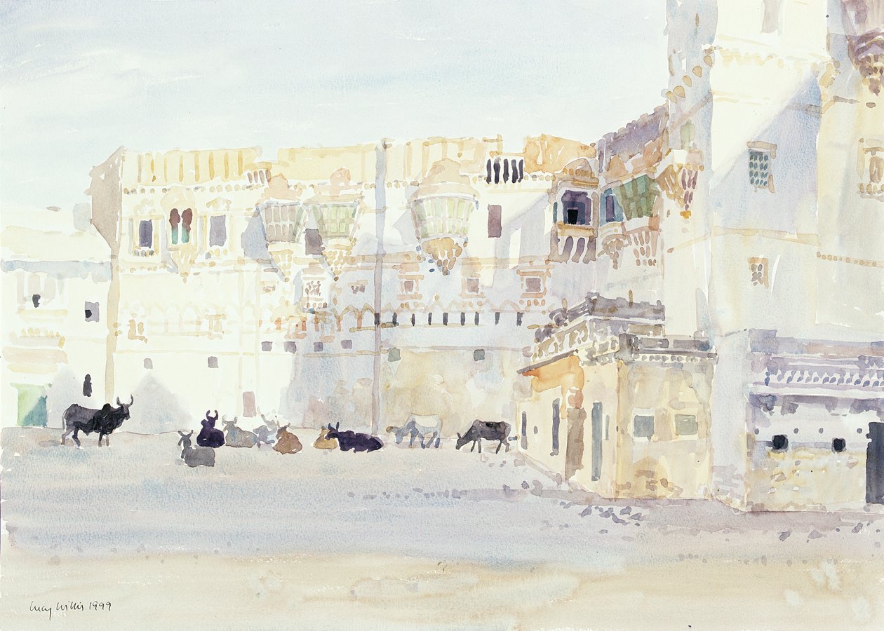Kveld på palasset, Bhuj, 1999 (wc på papir) av Lucy Willis