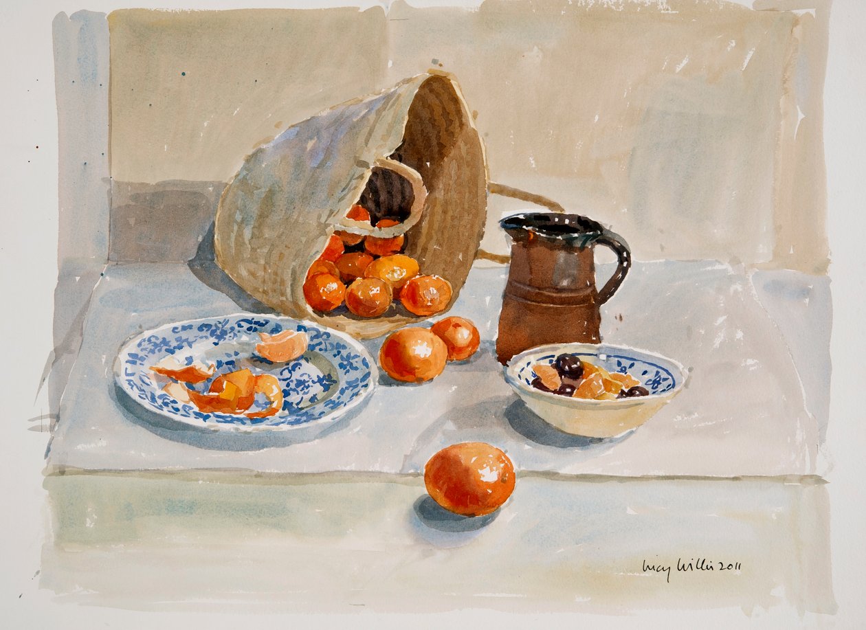 Appelsiner og Leach Jug, 2011 (wc på papir) av Lucy Willis