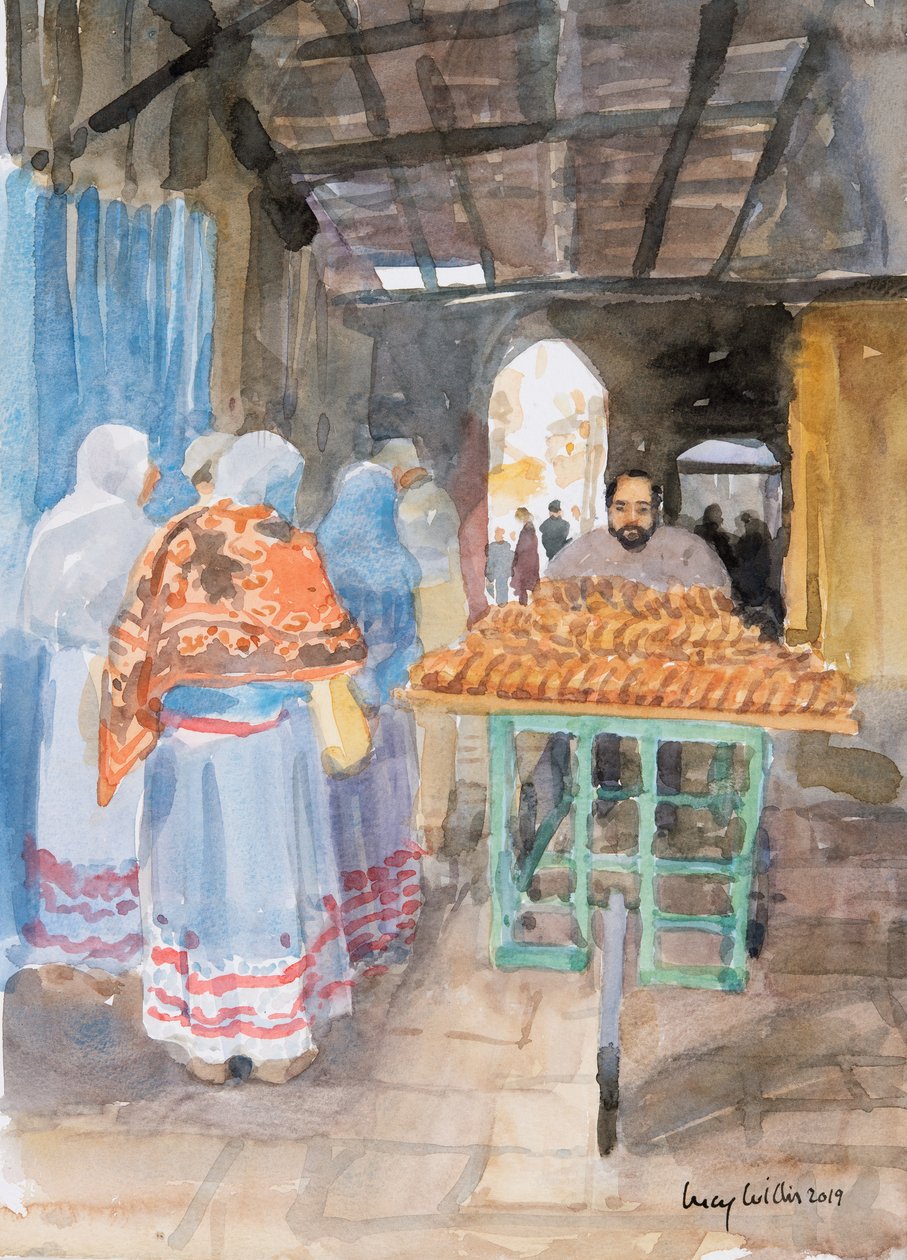 Bagel-selger i Gamlebyen, Jerusalem, 2019 (w/c på papir) av Lucy Willis