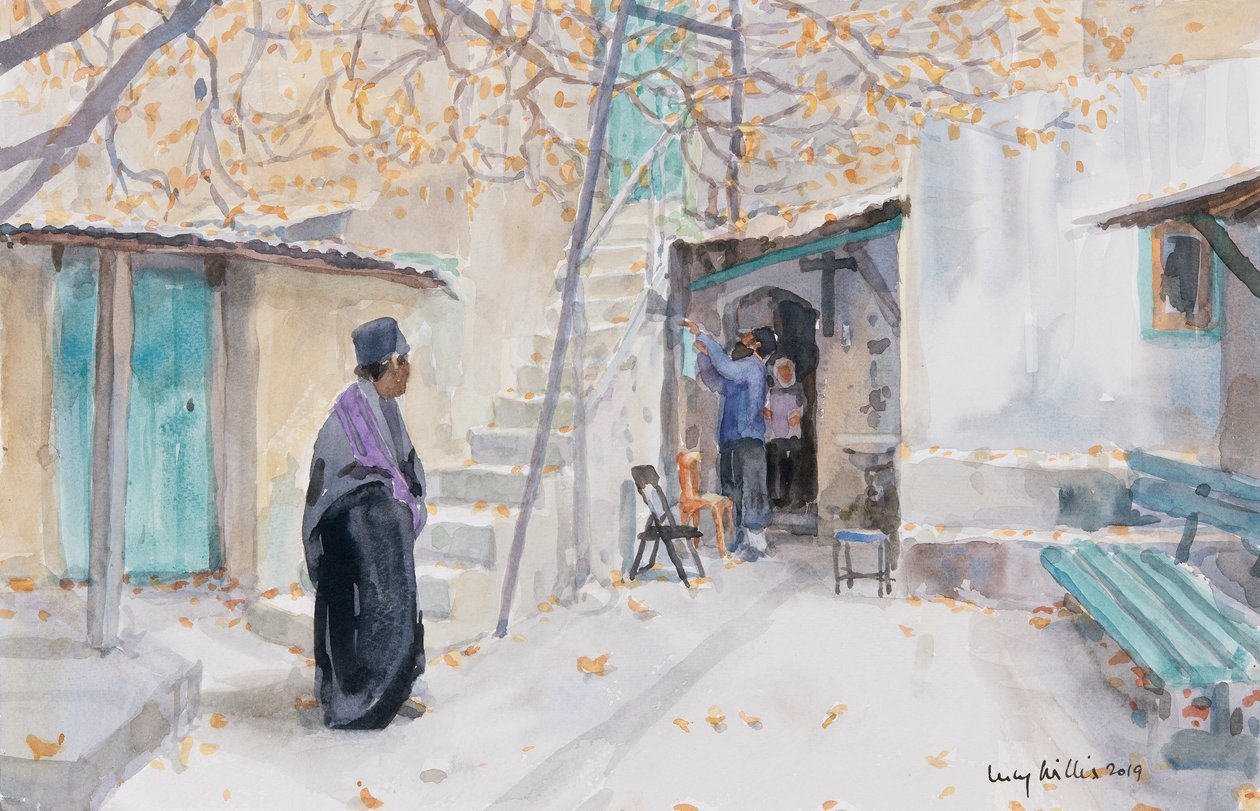 Etiopiere på Den hellige gravs kirke, Jerusalem, 2019 (w/c på papir) av Lucy Willis