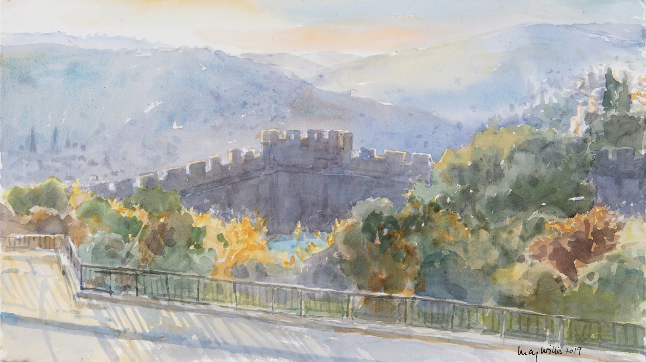 Hills Beyond the City, Sunrise, Jerusalem, 2019 (w/c på papir) av Lucy Willis