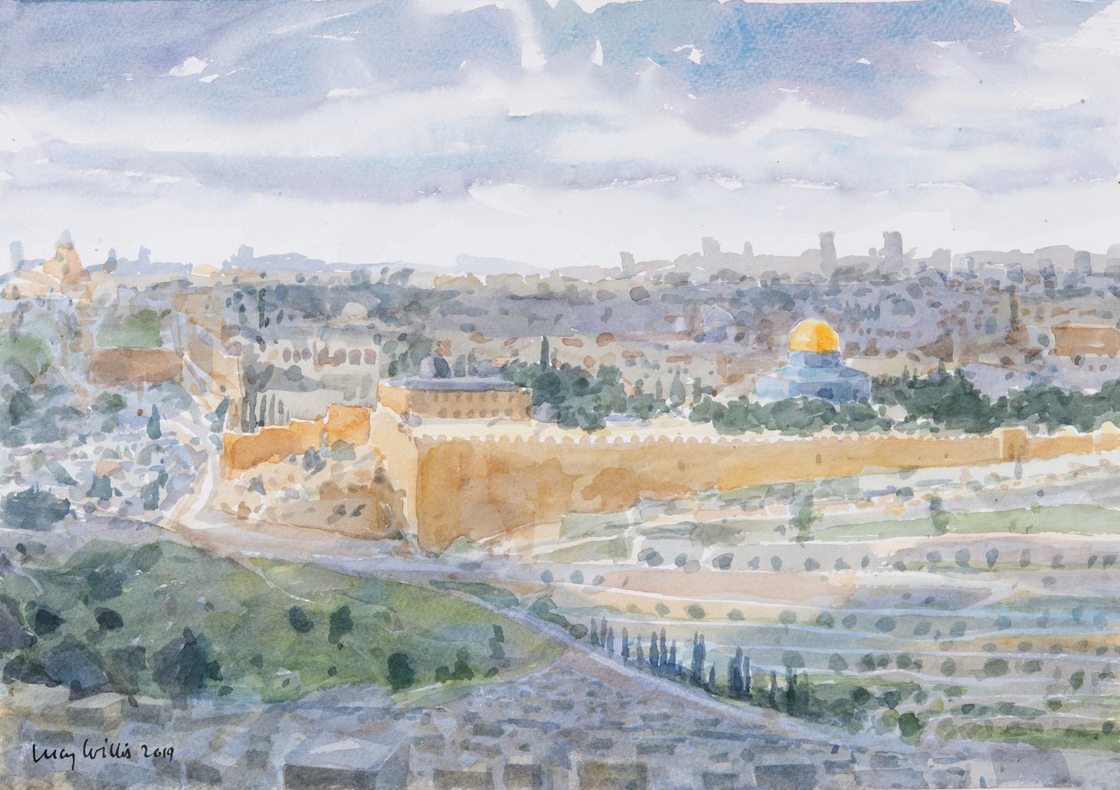Jerusalem fra Oljeberget, 2019 (w/c på papir) av Lucy Willis
