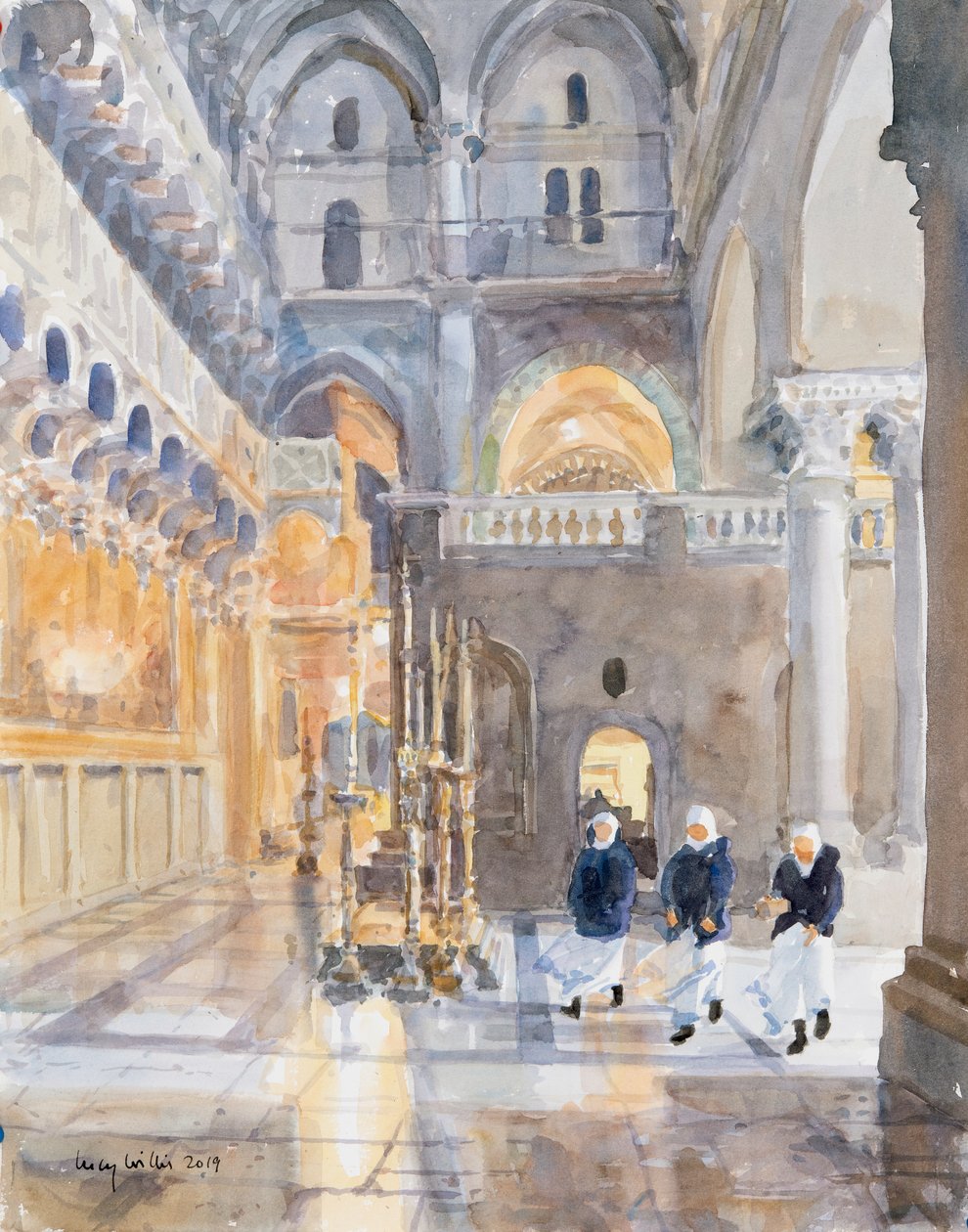 Nybegynnere ved Den hellige gravs kirke, Jerusalem, 2019 (w/c på papir) av Lucy Willis