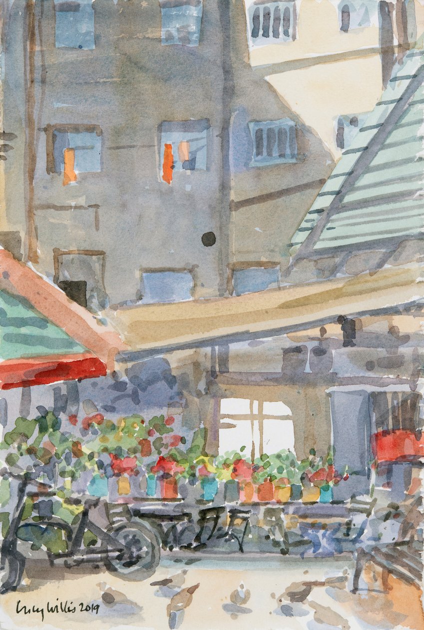 Orange Dusters Drying, Mahane Yehuda, Jerusalem, 2019 (w/c på papir) av Lucy Willis