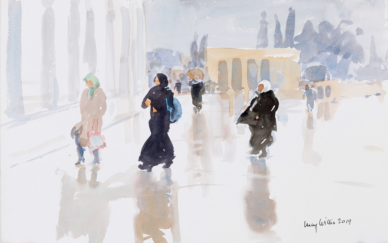 Pilegrimer på Tempelhøyden, Jerusalem, 2019 (w/c på papir) av Lucy Willis