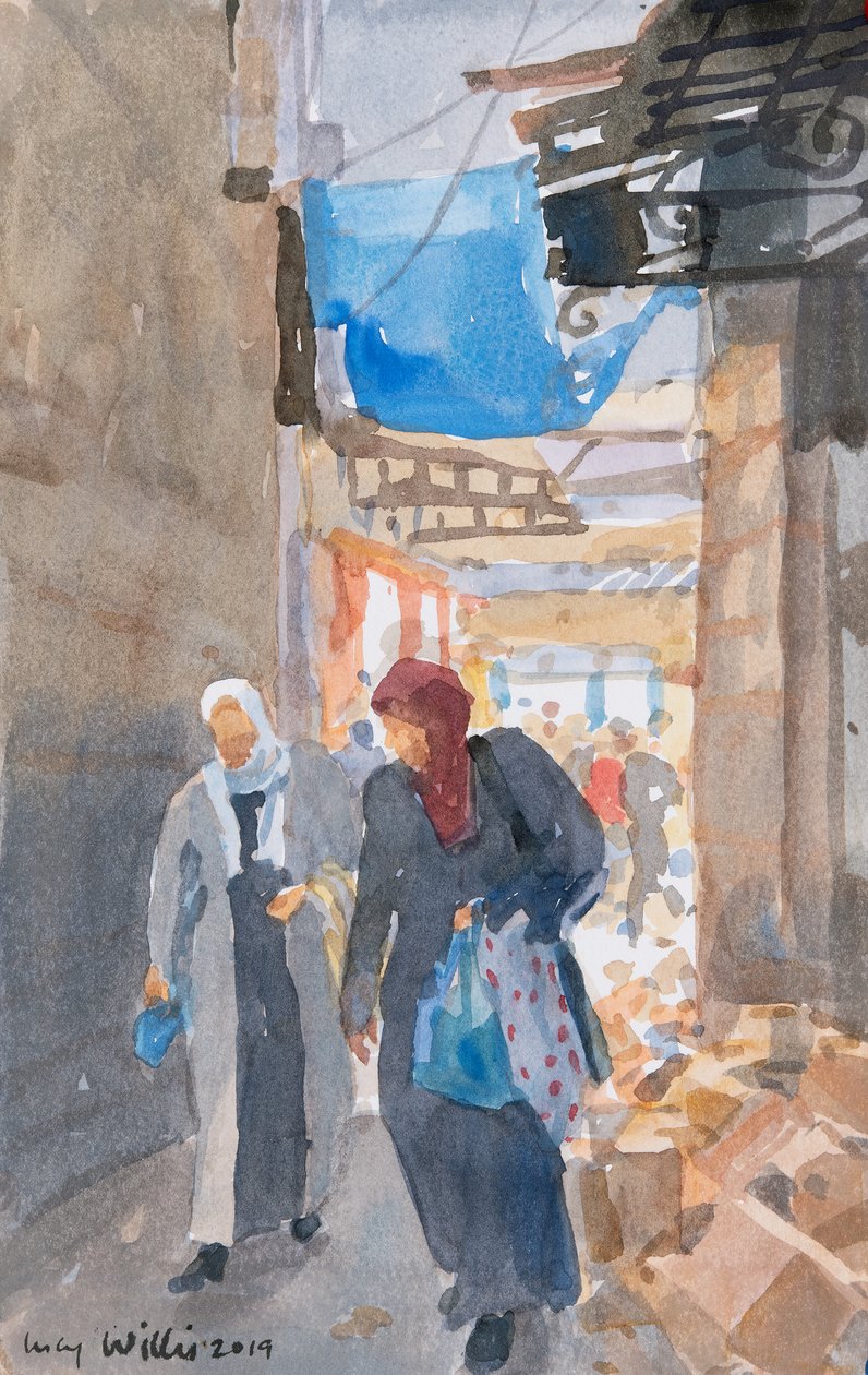 Den blå markisen ved Damaskus-porten, Jerusalem, 2019 (w/c på papir) av Lucy Willis