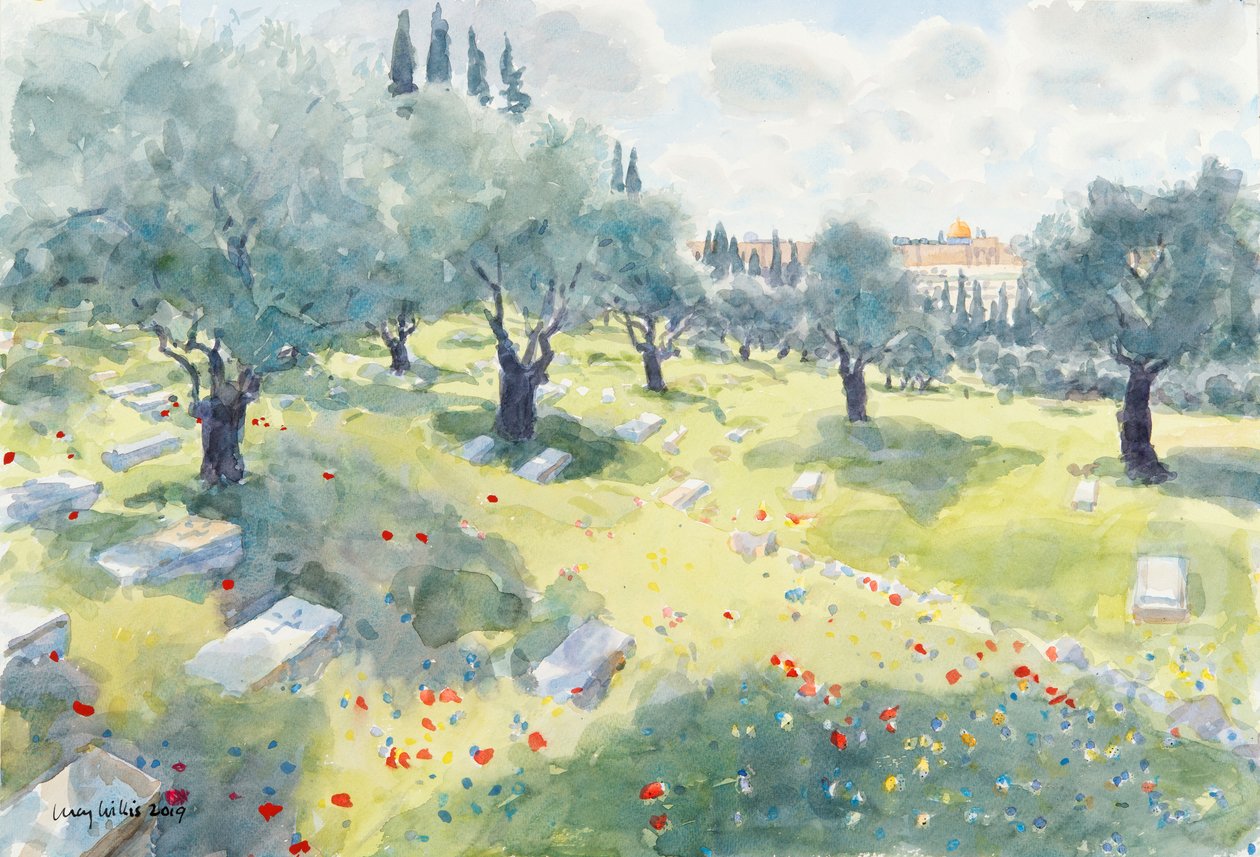 The Olive Grove (Tempelfjellet fra The Kidron Valley, Jerusalem), 2019 (w/c på papir) av Lucy Willis