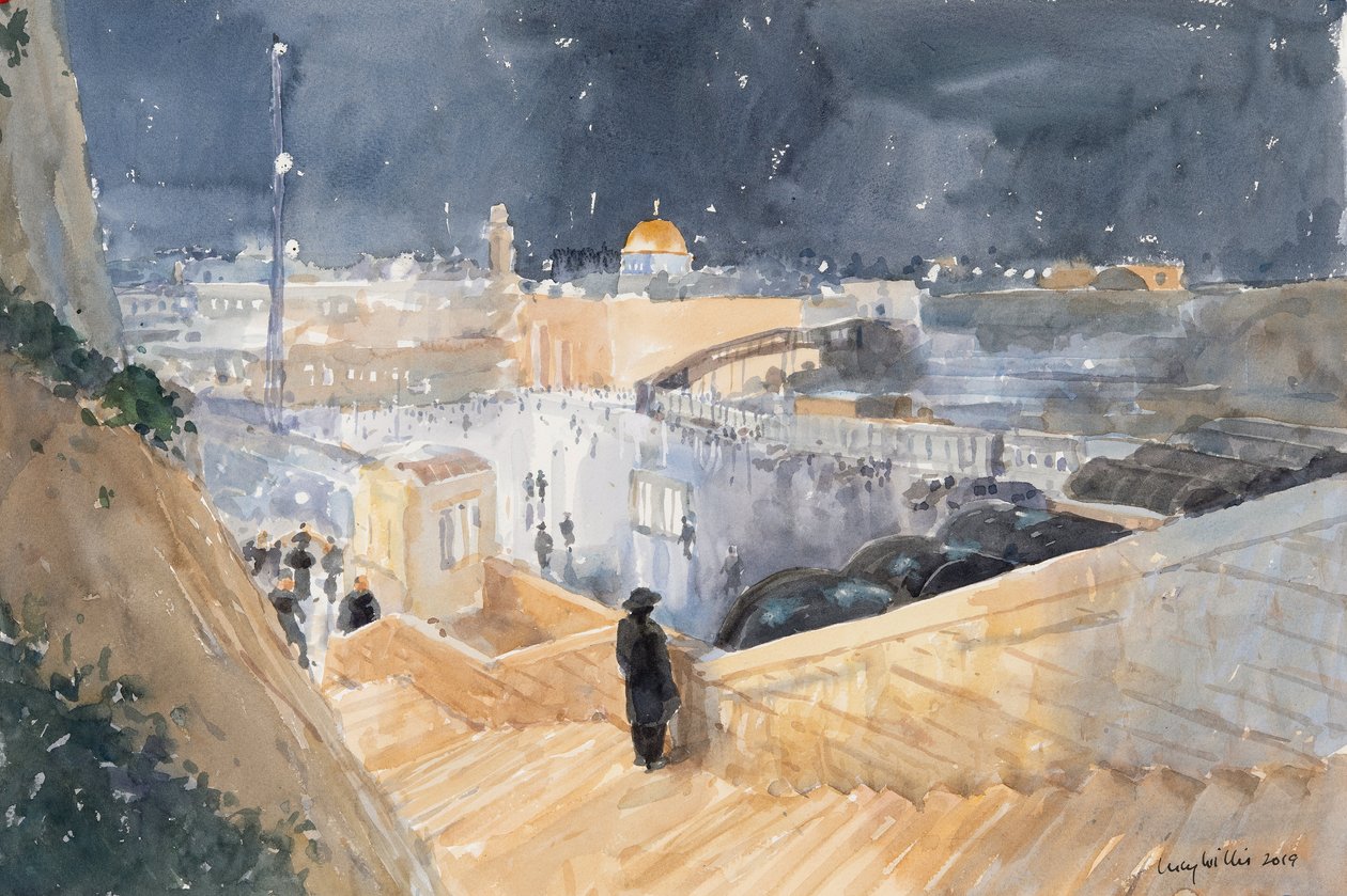 The Western Wall, Night, Jerusalem, 2019 (w/c på papir) av Lucy Willis