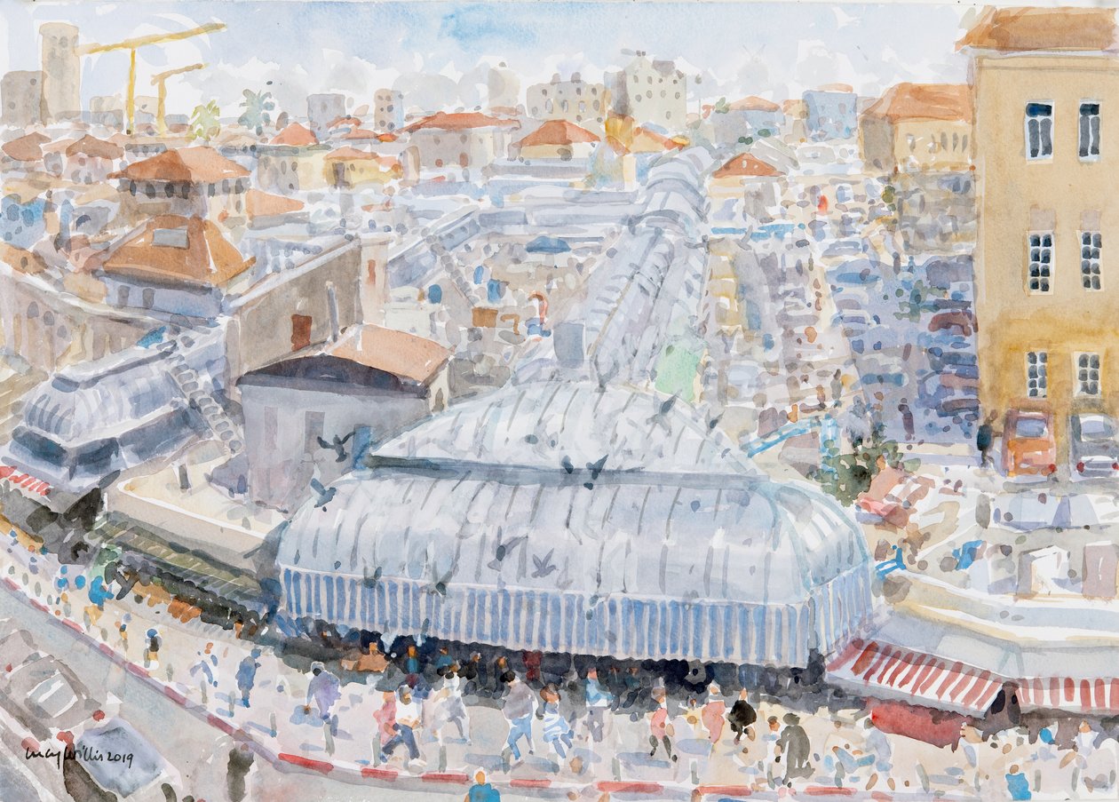 Utsikt fra balkongen, Mahane Yehuda, Jerusalem, 2019 (w/c på papir) av Lucy Willis