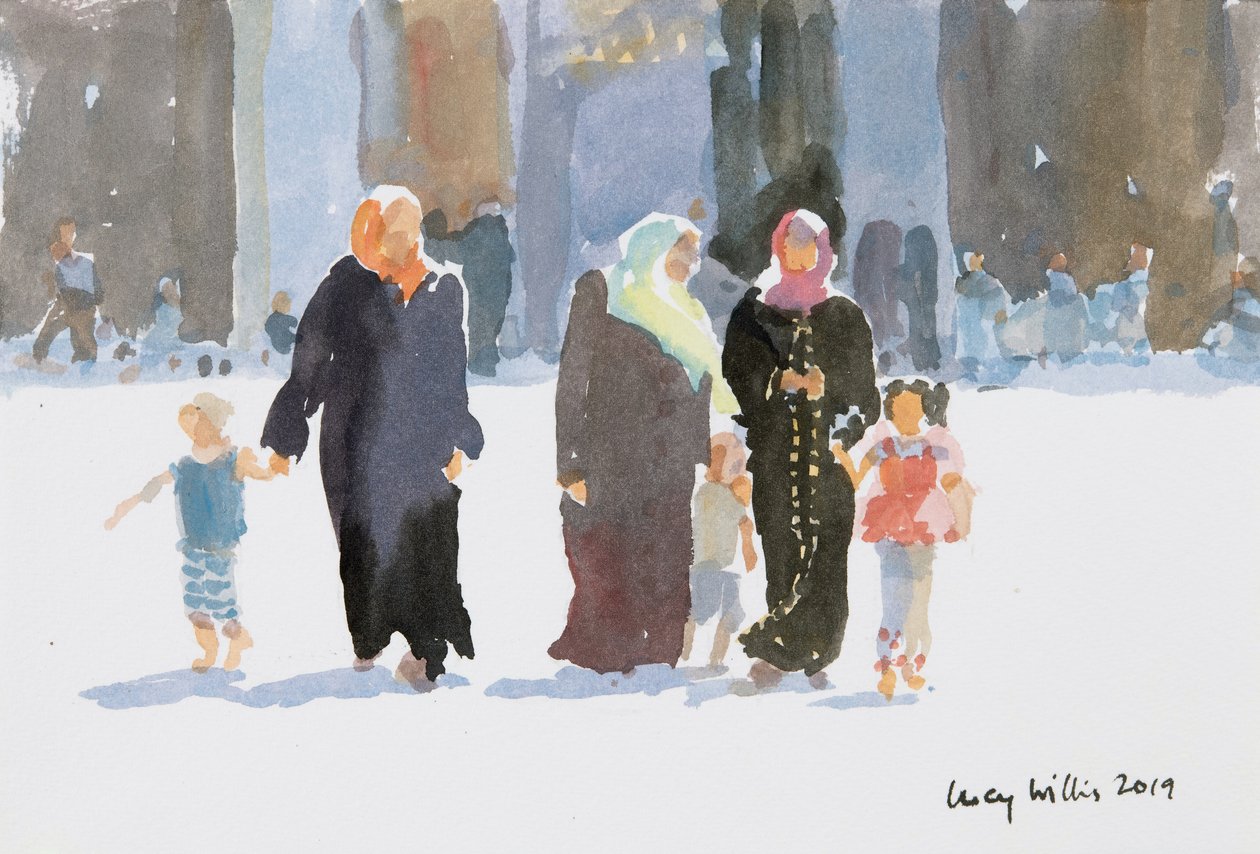 Besøker moskeen, Damaskus, Syria, 2019 (w/c på papir) av Lucy Willis