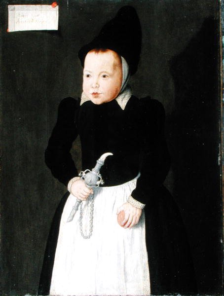 Et portrett av et barn som holder en Rinkelbel (olje på panel) av Ludger Tom the Younger Ring