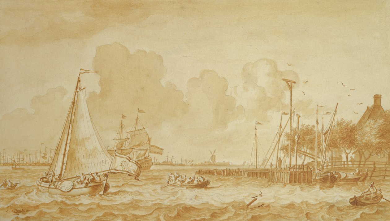 På Y, nær Amsterdam, 1680 (penn og blyant på papir) av Ludolf Backhuysen