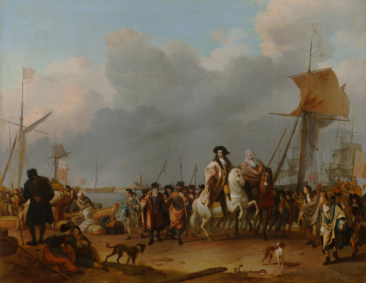 Ankomsten av Stadholder-kong Willem III (1650-1702) i Oranjepolder 31. januar 1691, 1692 av Ludolf Backhuysen