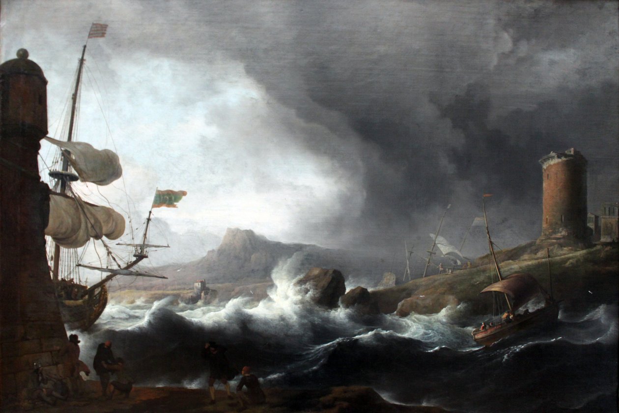 Stormfullt hav på en fjellkyst av Ludolf Bakhuizen