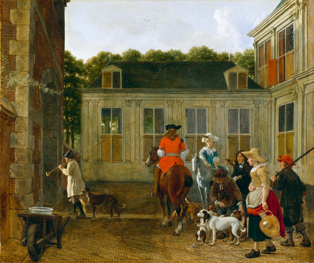 Jaktfest i gårdsplassen til et landsted, ca. 1665 av Ludolf de Jongh