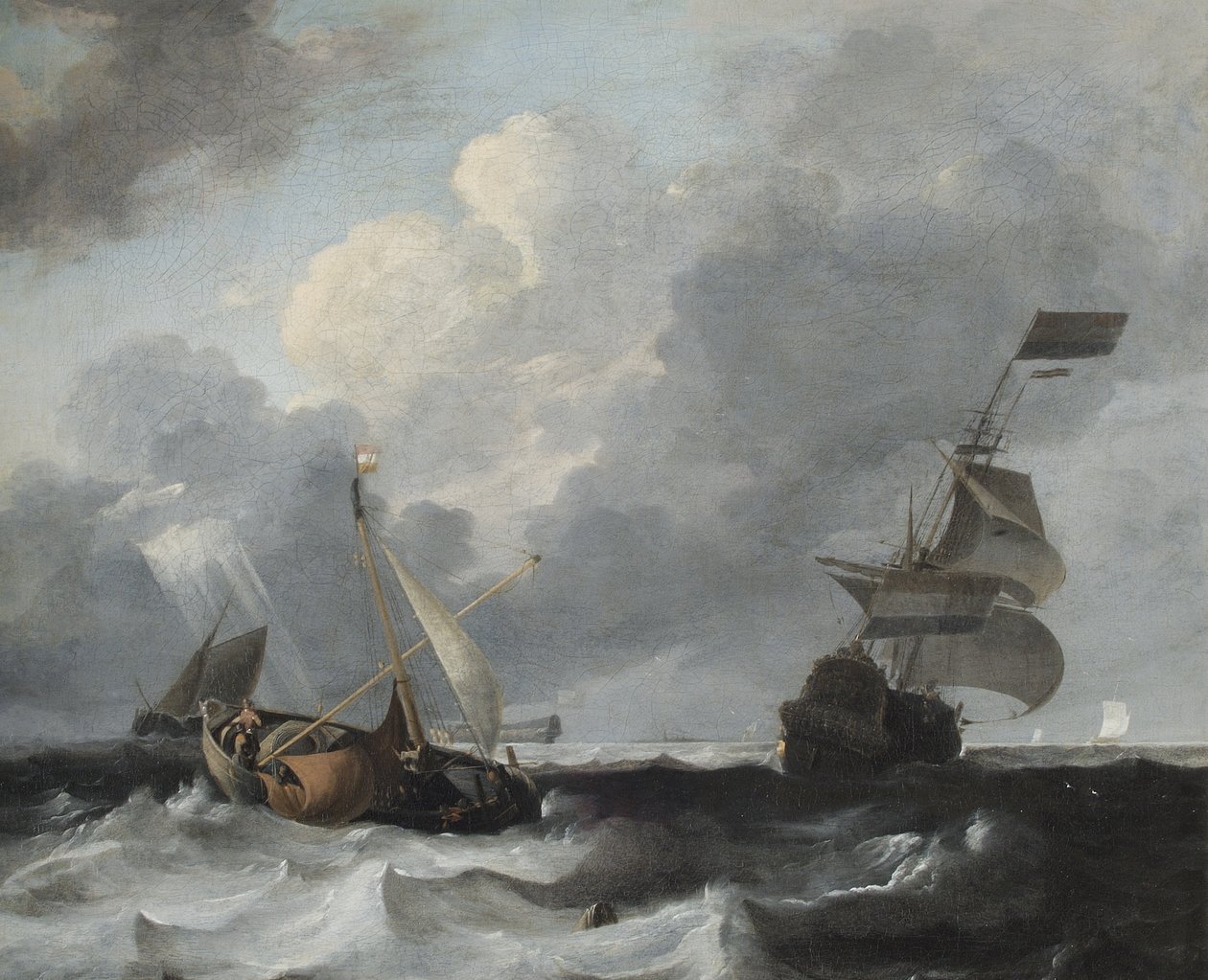 En storm utenfor kysten med menn o krig og fiskebåter av Ludolf Backhuysen