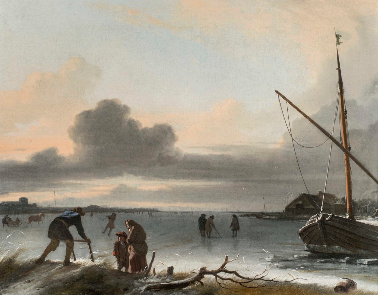 Et vinterlandskap med sleder, skatere og golfere på en frossen innsjø av Ludolf Backhuysen